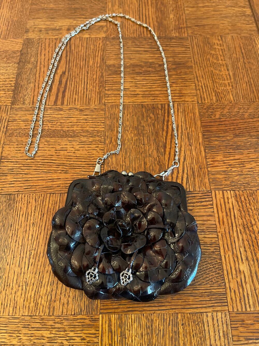 Brighton patent leather rose crossbody chain bag